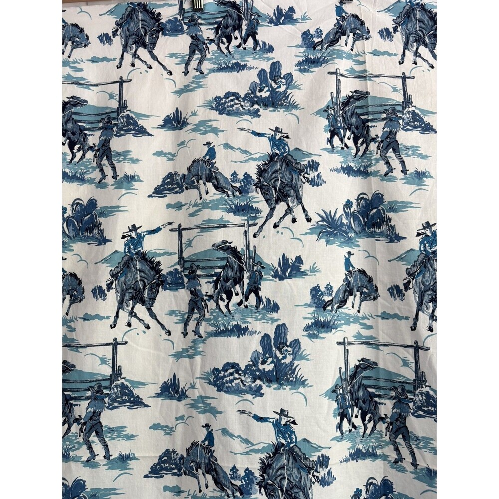 VTG Rodeo Toile Western Cacti Cowboy Roping Cotton Fabric 44” x 42” Remnant Blue